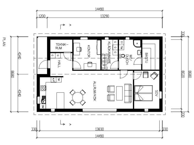 Planlösning 1-planshus 126 kvm* 1 sovrum  (Kundprojekt: 16846)