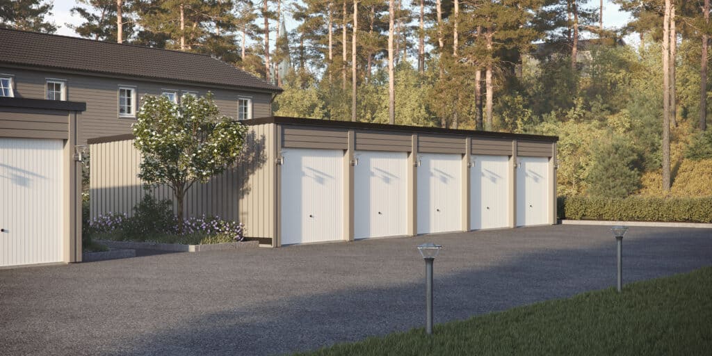 Radgarage bakåtlutade pulpettak, garageportar