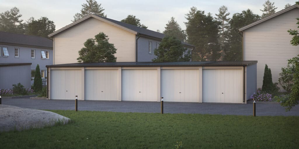 Radgarage med framåtlutande pulpettak, vipport