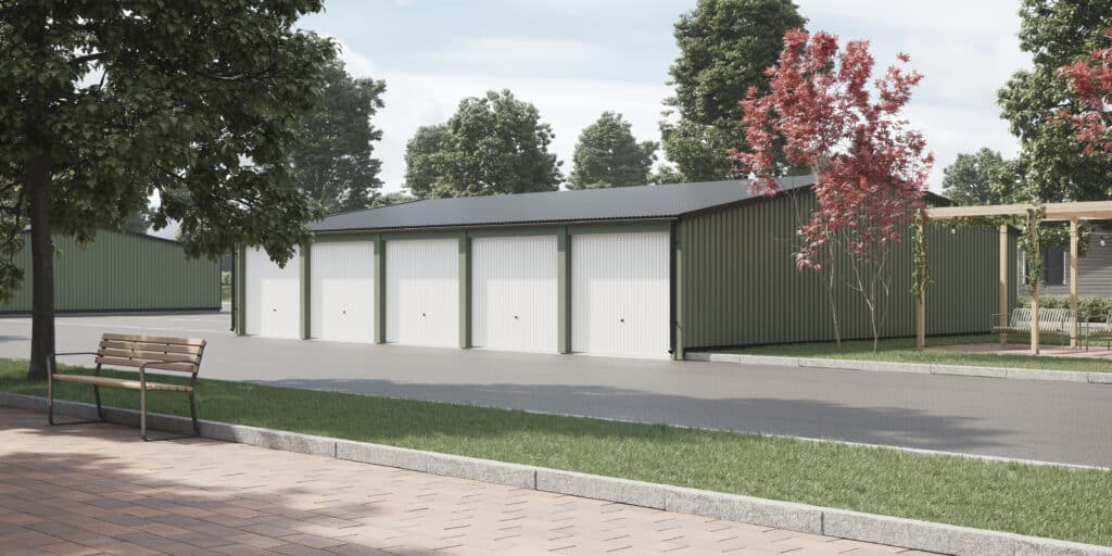 Radgarage med infart från två håll 10° taklutning