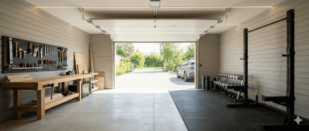 Ett garage från Mellby Home som har anpassats för att passa både som gym och verkstad.