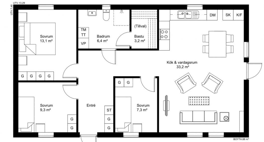 Planlösning fritidshus 1-plan 88 kvm