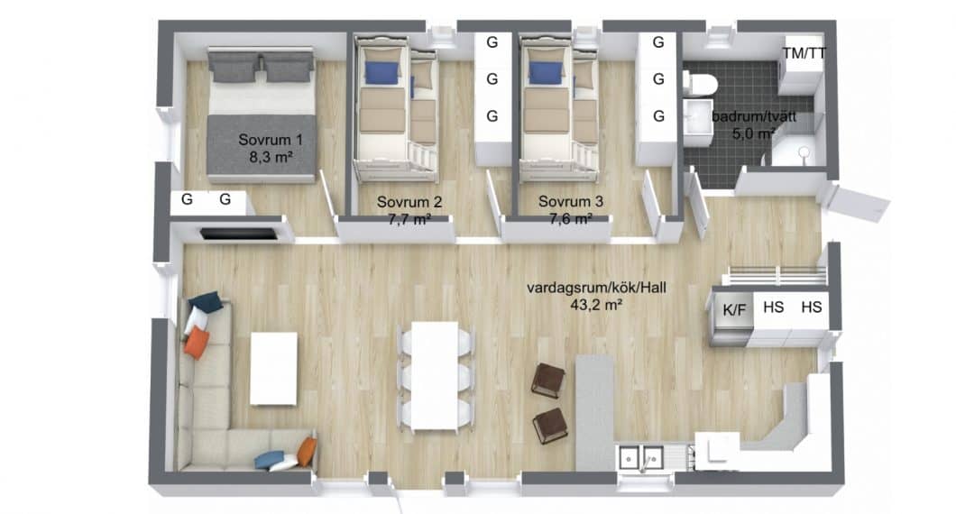 Planlösning fritidshus 1-plan 73 kvm