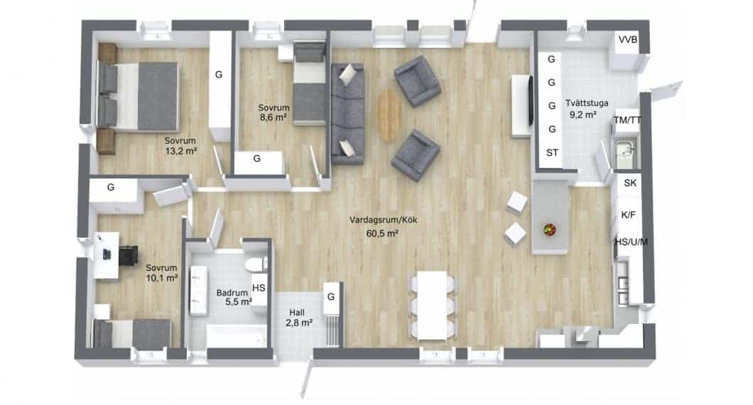 Planlösning villa 1-plan 113 kvm