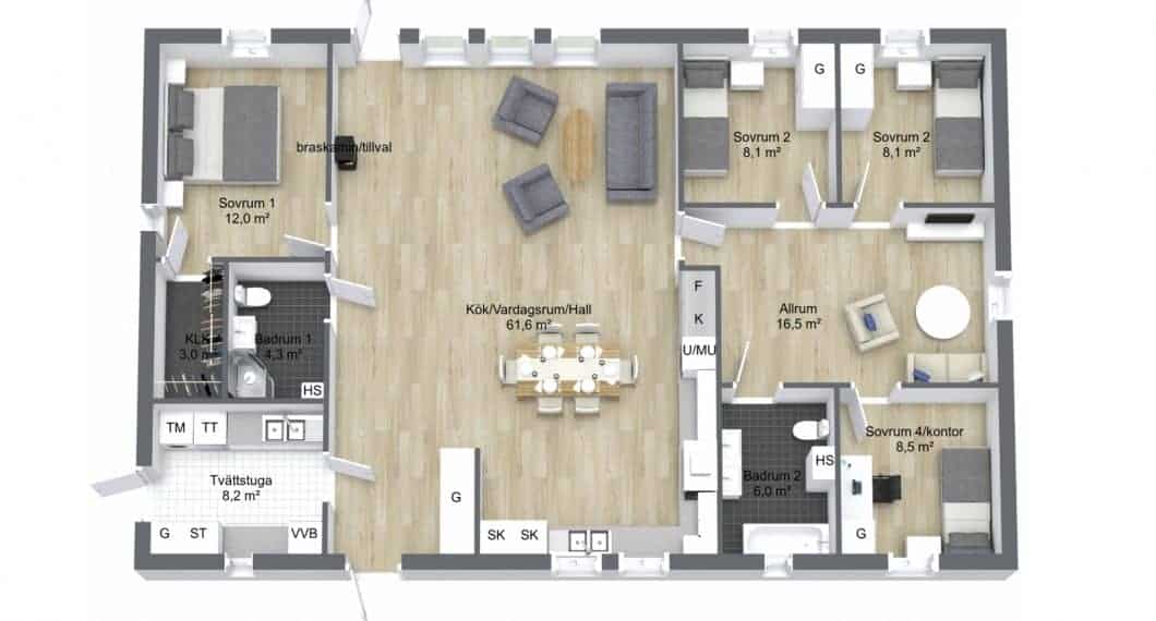 Planlösning villa 1-plan 141 kvm