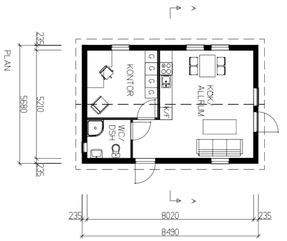 Planlösning Fritidshus 48 kvm* 1 sovrum/kontor (Kundprojekt: 16102)