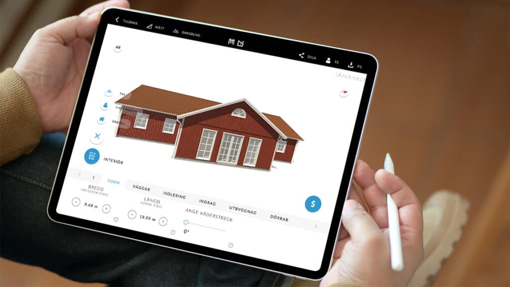 3D-visualisering av fritidshus på surfplatta i Mellby Homes ritverktyg.