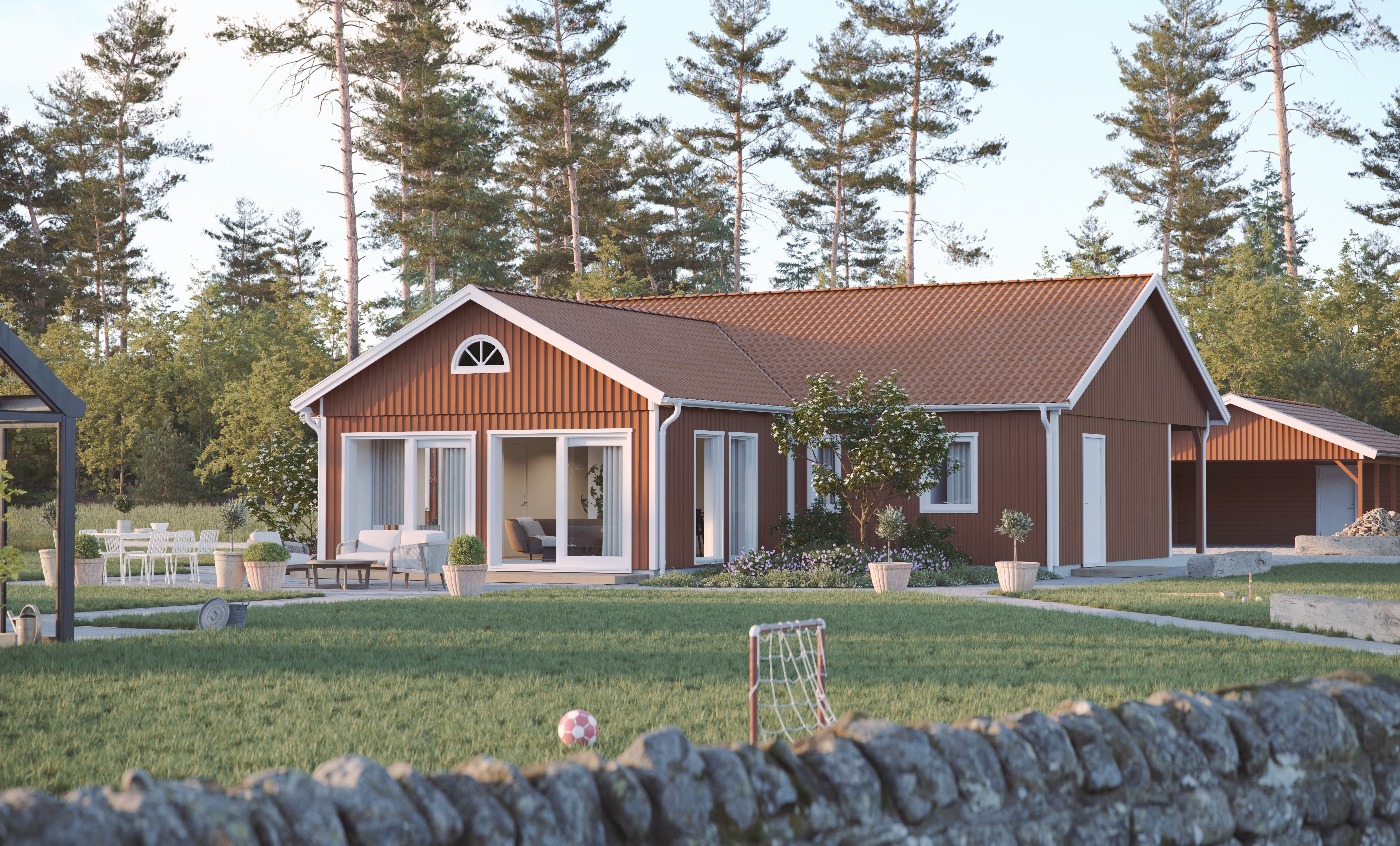 Exempel på färdigbyggt fritidshus i klassisk svensk stil från Mellby Home, omgivet av skog och stenmur.