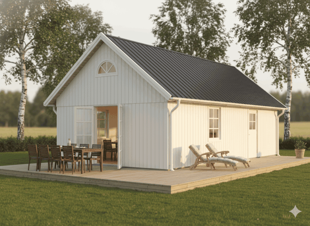 Attefallshus på 50 kvm i klassisk stil med sadeltak och uteplats – en möjlig lösning med nya bygglovsregler.